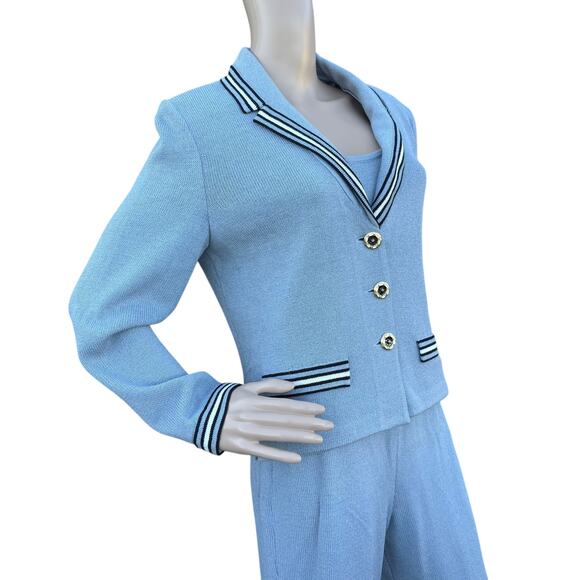St. John 8 M 6 Santana Knit 3pc Pant Suit Set Light Blue Jacket Tank Pants - Picture 14 of 16